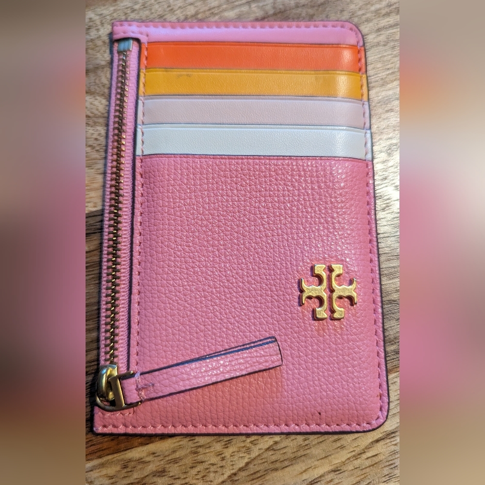 Tory Burch Robinson slim leather card wallet case pink rainbow